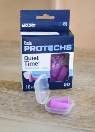 Flents Protechs Foam Ear Plugs, 10 Pair with Case for Sleeping, Snoring, Loud Noise, Traveling, Concerts, Construction, Studying, Work, Shooting, NRR 33, Purple, Disposable, Made in the USA
