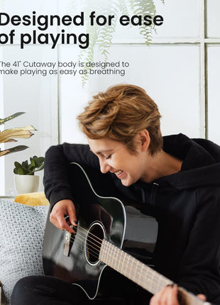 Moukey 41 inch Acoustic Guitar for Beginners Adult Teen Full Size Guitarra Acustica with Chord Poster, Gig Bag, Tuner,Steel Strings, Capo, Strap   Black