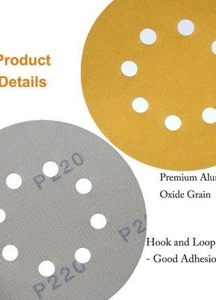 Aiyard 5-Inch 8-Hole Hook and Loop Sanding Discs 220-Grit Random Orbit Sandpaper, 50-Pack