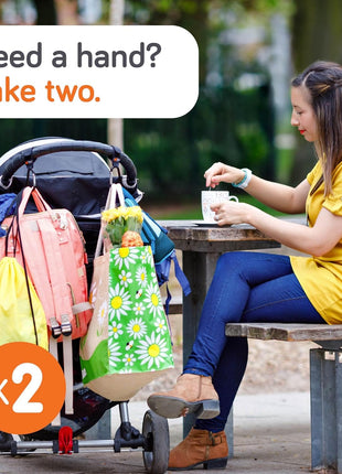 Baby Uma Stroller Hooks for Bags (2 Pack) - Non-Slip, One-Hand Use, 11 lb | These universal stroller clips open one-handed, resist slipping, and each carabiner hook holds 11 lbs—a travel essential.