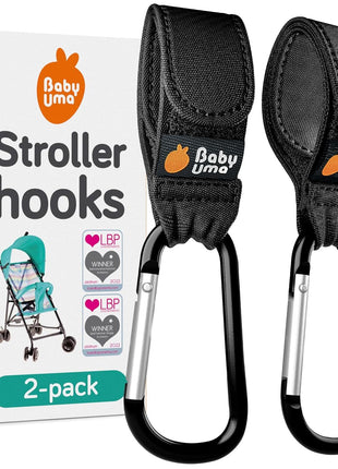 Baby Uma Stroller Hooks for Bags (2 Pack) - Non-Slip, One-Hand Use, 11 lb | These universal stroller clips open one-handed, resist slipping, and each carabiner hook holds 11 lbs—a travel essential.
