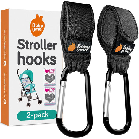 Baby Uma Stroller Hooks for Bags (2 Pack) - Non-Slip, One-Hand Use, 11 lb | These universal stroller clips open one-handed, resist slipping, and each carabiner hook holds 11 lbs—a travel essential.