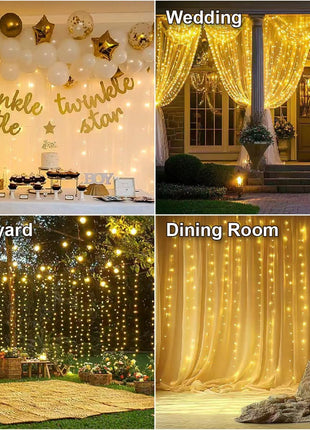 HXWEIYE 300LED Fairy Curtain Lights, 9.8x9.8Ft USB Plug-in 8 Modes Christmas String Hanging Lights with Remote for Bedroom Backdrop Wedding Indoor Wall Decor, Warm White, Standard – 1 Pack