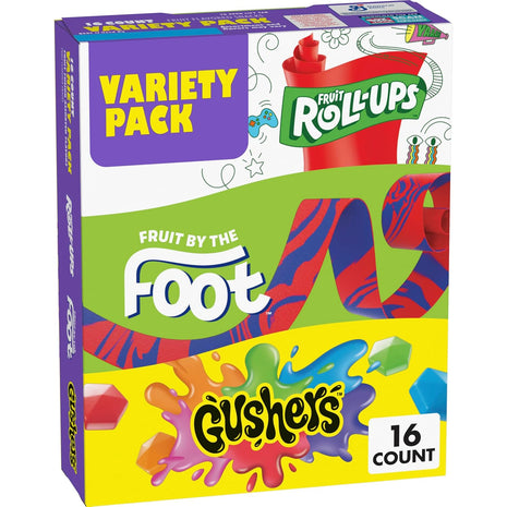 Fruit Roll Ups, Fruit by the Foot, Gushers, Flavored Snacks Variety Pack, Gluten Free, 16 Ct, 10.2 oz