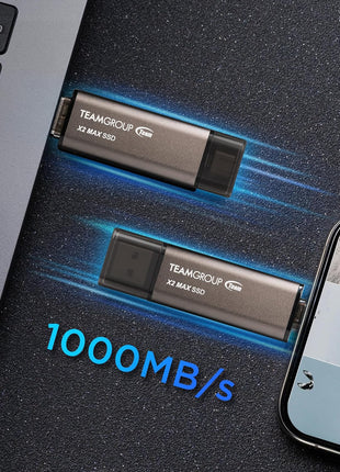 TEAMGROUP 1TB X2 MAX External/Portable SSD 1000MB/s, Dual USB Hard Drive Compatible with iPhone17&iPad&Mac, Steam Deck/PC/Windows/Android/PS5/Laptop/Tesla, Type C &A, USB 3.2 Gen2 TX2MAX31TBT01