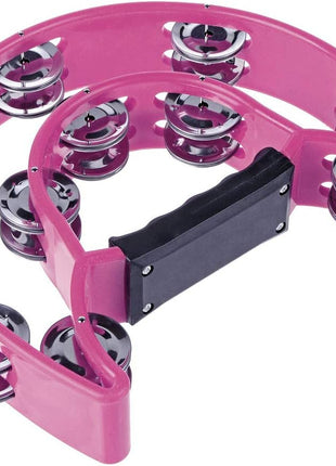 Half Moon Musical Tambourine Double Row Metal Jingles Hand Held Percussion Drum Multicolor (Pink) for KTV Party with Ergonomic Handle Grip
