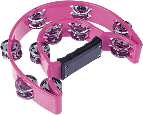 Half Moon Musical Tambourine Double Row Metal Jingles Hand Held Percussion Drum Multicolor (Pink) for KTV Party with Ergonomic Handle Grip