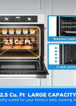 Midea 24" Single Electronic Wall Oven, 2.5 Cu. Ft.-Capacity, Built-in Oven with 8-in-1 Cooking Modes, Stainless Steel