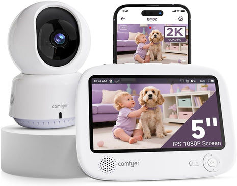 Comfyer Hybrid Video No WiFi & Smart WiFi Baby Monitor - 5inch 1080P Split Screen & 2K Camera App Control, Motion Alerts, Sound Detection, HD Night Vision, 5050mAh Battery,Triple Security, 1600ft Range