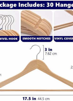Amber Home 30 Pack Wooden Coat Hangers, Natural Wood Suit Hangers with Non-Slip Pant Bar, Clothes Hangers for Closet Organization, Shirts, Jackets, Dresses, and Pants (Natural, 30)