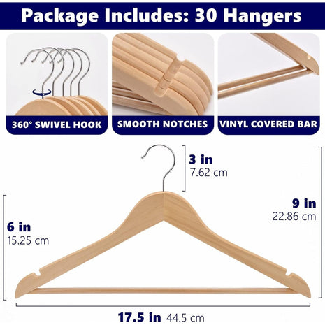 Amber Home 30 Pack Wooden Coat Hangers, Natural Wood Suit Hangers with Non-Slip Pant Bar, Clothes Hangers for Closet Organization, Shirts, Jackets, Dresses, and Pants (Natural, 30)