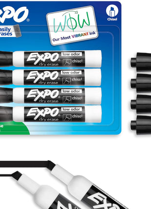EXPO Dry Erase Markers, Low Odor Ink, Black, Chisel Tip, 4 Count - Whiteboard, Calendar, Organization, Essential Supplies for Office, School, Classroom, Teachers