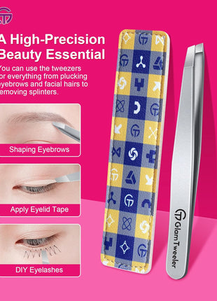 Expert Slant Tip Tweezers with Leather Case, GlamTweeler Sharp & Precision Stainless Steel Tweezer for Eyebrows, Facial Hair and Fine Hairs Removal (Silver)