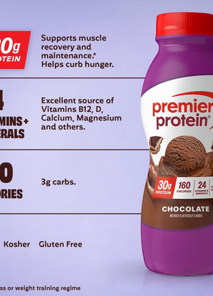 Premier Protein Shake, Chocolate, 30g Protein 1g Sugar 24 Vitamins Minerals Nutrients to Support Immune Health, 11.5 fl oz (Pack of 12)