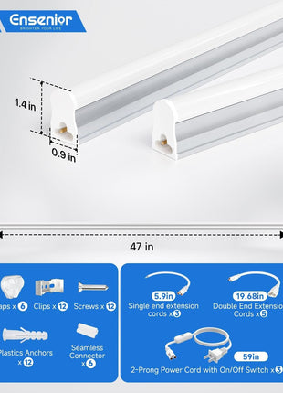 Ensenior 6-Pack T5 LED Shop Lights, 4FT 2000LM 6500K Super Bright White Integrated Single Fixture, 20W Linkable Utility Commercial Lighting for Gym/Garage/Ceiling/Under Cabinet, Plug & Play