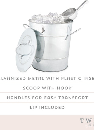 Twine Insulated Ice Bucket with Lid, Scoop & Handles for Beer, Wine, Champagne, Beverages, 1 Gal Galvanized Metal Bucket, Steel Ice Container for BBQs, Indoor & Outdoor Party Supplies, Bar Accessories