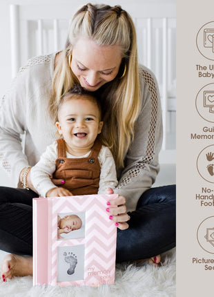 Pearhead Baby Memory Book, First 5 Years Baby Milestone Book, Pregnancy Journal, Gender Neutral Newborn Keepsake, With Clean-Touch Ink Pad For Baby's Handprint or Footprint, Pink Chevron