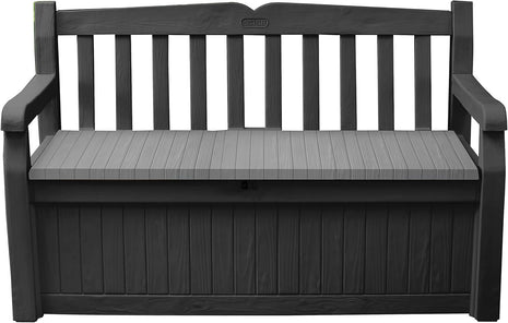 Keter Solana 70 Gallon Storage Bench Deck Box for Patio Storage, Front Porch Decor and Outdoor Seating Perfect to Store Garden Tools and Pool Floats, Graphite