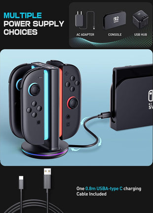 SUPCASE Charging Dock for Nintendo Switch 2 Joy Con, Black | Supports Dual-Side Charging, 9 Light Modes, Magnetic Controller, Fast Charger Stand Station