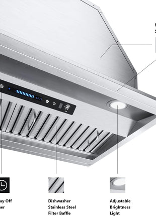 IKTCH 36 inch Built-in/Insert Range Hood 900 CFM, Ducted/Ductless Convertible Duct, Stainless Steel Kitchen Vent Hood with 2 Pcs Adjustable Lights and 3 Pcs Baffle Filters with Handlebar(IKB02-36'')