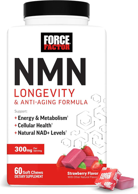 Force Factor NMN Longevity & Anti-Aging Formula | Nicotinamide Mononucleotide, NAD+, Support Cellular Health, Cellular Repair, Energy Metabolism, Strawberry, 60 Soft Chews