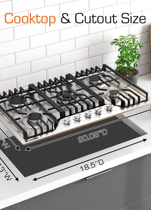 30 Inch Gas Cooktop, 5 Burner Dual Fuel Built-in Stove Top, Stainless Steel Propane/Natural Gas Cooktop with Thermocouple Protection, NG/LPG Convertible for Safe & Efficient Cooking