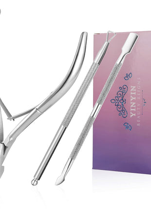 YINYIN Cuticle Trimmer with Cuticle Pusher and Cutter, Professional Stainless Steel Nippers, Cutter Clippers, Cuticle Remover, Pedicure Manicure Tools for Fingernails and Toenails, Sliver
