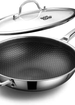 DOTCLAD Wok pan,Hybrid 13 inch Wok with Lid, PFOA Free Cookware,non stick Stainless Steel Woks & Stir-fry pans Nonstick, Dishwasher and Oven Safe, Works on Induction