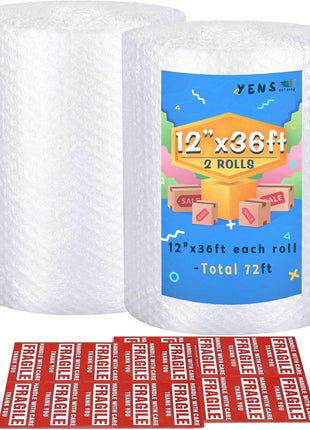 Yens Nylon Bubble Cushioning Rolls 72 ft 12 Inch width Packing Materials 3/16 inch AIR Bubble Perforated every 12 inch wrap 20 bonus Fragile Stickers