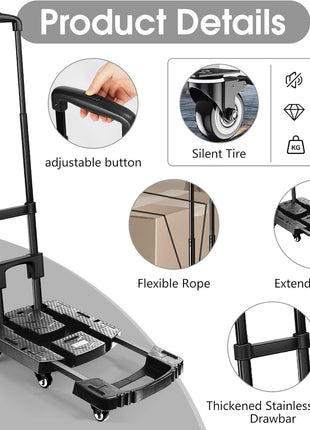 Voipvvii Folding Hand Truck 500lbs, Portable Heavy Duty Dolly Cart, 6 Wheels Collapsible Luggage Cart with 2 Elastic Ropes - Compact Trolley Cart for Easy Moving - Ideal Hand Cart for Travel and More