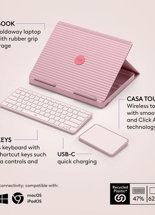 Logitech Casa Pop-Up Desk Work From Home Kit with Laptop Stand, Wireless Keyboard & Touchpad, Bluetooth, USB C Charging, for Laptop/MacBook (10 inch to 17 inch),Windows, macOS, ChromeOS - Bohemian Blush, Pink