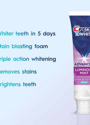 Crest 3D White Advanced, Teeth Whitening Toothpaste for Adults, 3.7 oz, 4 Pack, Cavity Protection Fluoride Toothpaste, Strengthens Enamel, Travel Size Toiletries