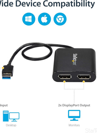 StarTech.com USB 3.0 to Dual DisplayPort Adapter 4K 60Hz, DisplayLink Certified, Video Converter with External Graphics Card - Mac & PC (USB32DP24K60), Black