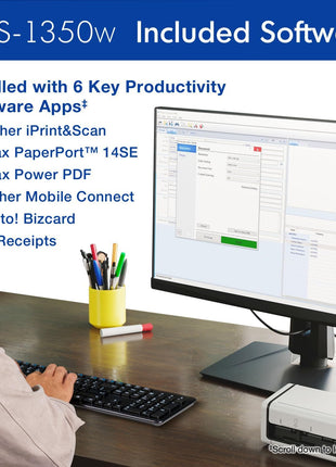 Brother ADS-1350W Wireless Compact Desktop Scanner | Scan Speeds of Up to 30ppm | Single Pass Double-Sided Scanning
