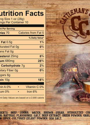 Cattleman's Cut Original Beef Jerky, Premium Marinated Steak High Protein Meat Snacks, Keto Friendly, Gluten Free, Carnivore Travel Snack, Resealable Bag, 10 Ounces