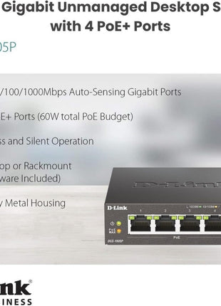 D-Link 5-Port Gigabit PoE+ Unmanaged Ethernet Switch, with 4 PoE Ports up to 60W PoE Budget, QoS, Fanless, Sturdy Metal with Shielded Ports, Compact Desktop, Follows NDAA/TAA (DGS-1005P)