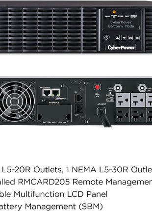 CyberPower OL3000RTXL2UN 30A Smart App Online UPS Battery Backup and Surge Protector, 3000VA/2700W, 7 Outlets, 2U Rack/Tower, Pre-Installed RMCARD205, EBM Option, UL Certified