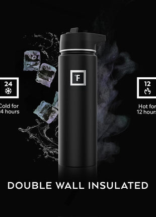 IRON °FLASK Camping & Hiking Hydration Flask with Straw, Wide Mouth Insulated Stainless Steel Sports Water Bottle - Midnight Black 24 oz - Straw (1 Lid)