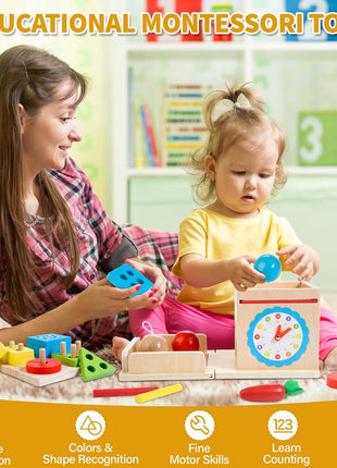 Kizfarm Wooden Montessori Baby Toys, 8-in-1 Wooden Play Kit Includes Object Permanent Box, Coin Box, Carrot Harvest, Shape Sorting & Stacking - Birthday Gift for Boys Girls Toddlers