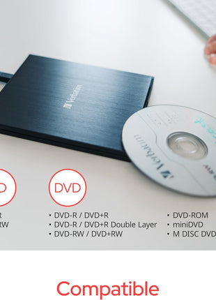 Verbatim Slim External Burner CD/DVD +/-RW Optical Drive USB 2.0 with USB A to USB C Adapter and M-DISC Support - Mac & PC Compatible Nero Burn & Archive Software Included (Windows only)