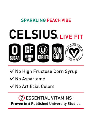 CELSIUS PEACH VIBE Sparkling White Peach, Sugar Free Energy Drink, 12 Fl Oz (Pack of 12)