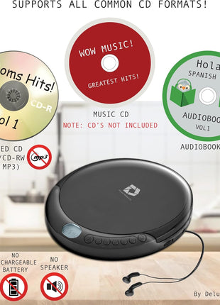 Deluxe Products CD Player Portable with 60 Second Anti Skip, Stereo Earbuds, Includes Aux in Cable and AC USB Power Cable for use at Home or in Car