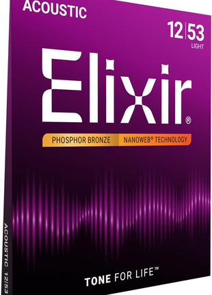 Elixir Strings, Acoustic Guitar Strings, Phosphor Bronze with NANOWEB Coating, Longest-Lasting Rich and Full Tone with Comfortable Feel, 6 String Set, Light 12-53