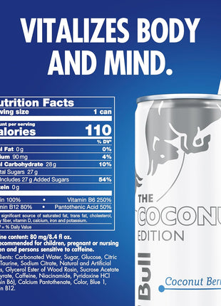 Red Bull Energy Drink, Coconut Berry, 8.4 Fl Oz, Pack of 24 | contains caffeine, taurine, B-vitamins, sugar, and water, 8.4 fl oz, pack of 24 cans
