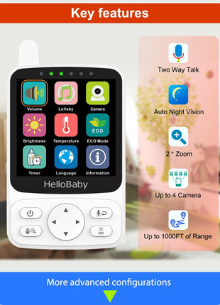 HelloBaby Monitor with 29Hour Battery Life and 4'' IPS Screen, No WiFi, Video Baby Camera Audio 1000ft Long Rang Auto Night Vision 2 Way Temperature VOX Mode for Pet Eldly White