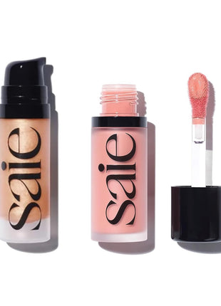 Saie Mini Glowy Super Gel Lightweight llluminator & Makeup Primer - Sunglow (0.5 oz) + Dew Blush - Lightweight Liquid Blush with a Blendable + Buildable Cream Finish - Rosy (.40 oz)