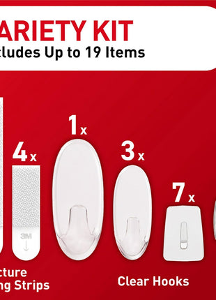 Command Clear Variety Pack, Including 8 Pairs of Picture Hangers, 4 Clear Wire Hooks and 11 Wall Hooks for Hanging Home Decor, Damage-Free Hanging Up to 19 Items with Command Strips