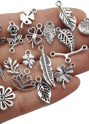 Youdiyla 100pcs Mix Silver Tree Flower Charms Collection, Bulk Mini Small Little Charms Metal Pendant Craft Supplies Findings for Necklace and Bracelet Jewelry Making (HM291)