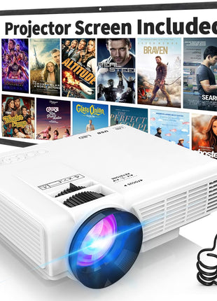 PANSEBA 1080P Mini Projector with Screen, Portable Home Theater Movie Projector with Two-Way Bluetooth, HDMI/USB Input for Smartphone/TV Stick, Ideal for Indoor & Outdoor Use, White