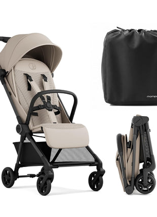 Mompush Nexis Carbon Fiber Lightweight Travel Stroller, Carry-On, Khaki | Lightweight travel stroller for airplane, compact auto-fold, one-hand recline, XL basket, cup holder, rain cover included